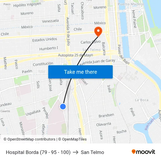 Hospital Borda (79 - 95 - 100) to San Telmo map