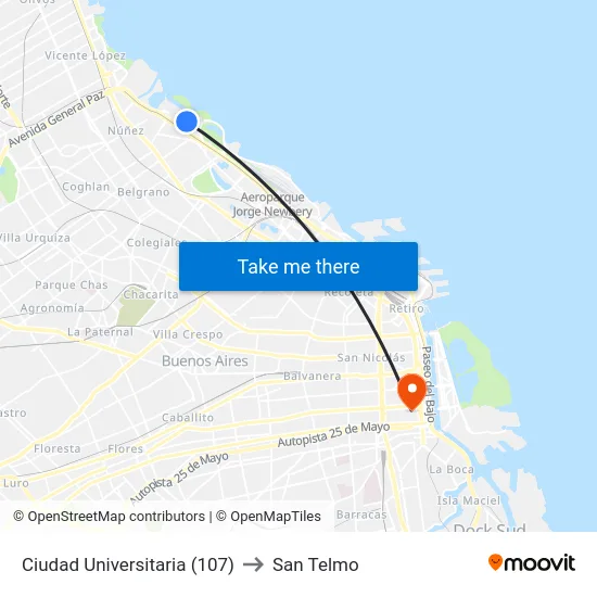 Ciudad Universitaria (107) to San Telmo map