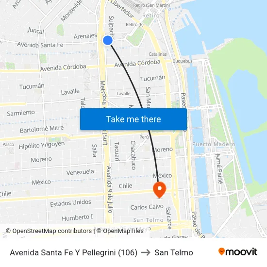 Avenida Santa Fe Y Pellegrini (106) to San Telmo map