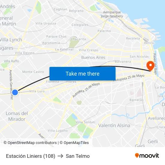 Estación Liniers (108) to San Telmo map