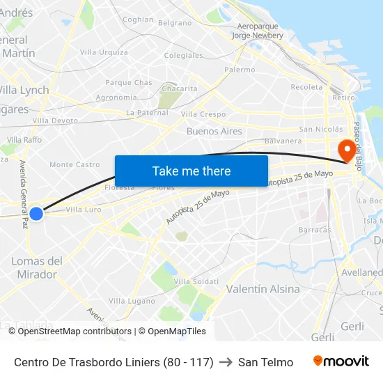 Centro De Trasbordo Liniers (80 - 117) to San Telmo map