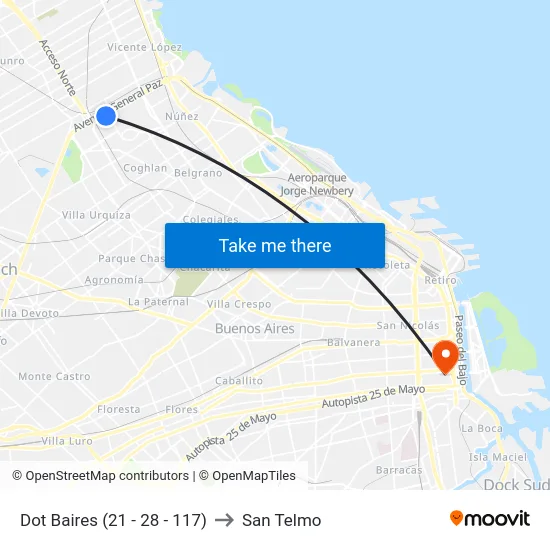 Dot Baires (21 - 28 - 117) to San Telmo map