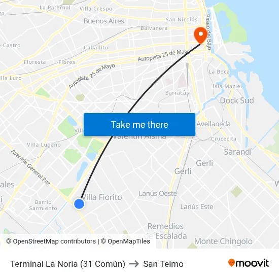 Terminal La Noria (31 Común) to San Telmo map