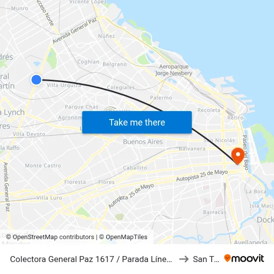 Colectora General Paz 1617 / Parada Línea 21 Express O Rápido to San Telmo map