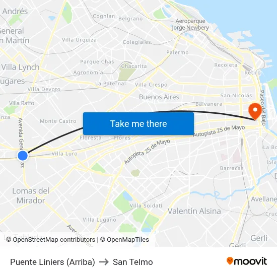 Puente Liniers (Arriba) to San Telmo map