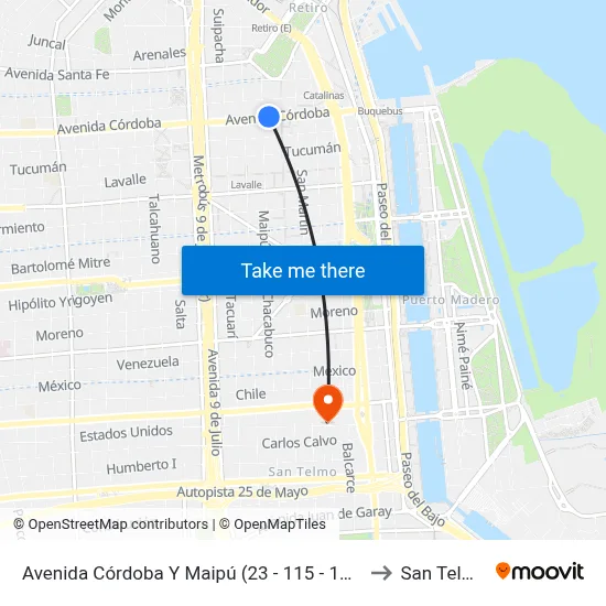 Avenida Córdoba Y Maipú (23 - 115 - 180) to San Telmo map