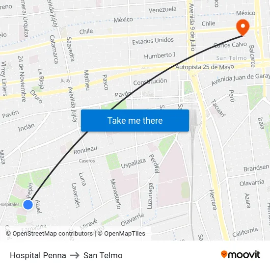 Hospital Penna to San Telmo map