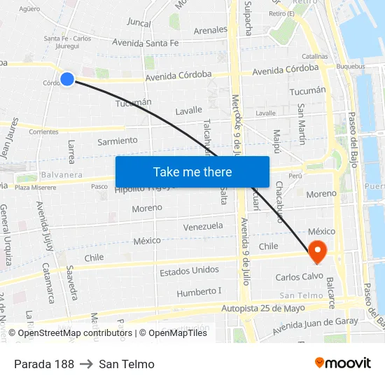 Parada 188 to San Telmo map