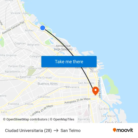 Ciudad Universitaria (28) to San Telmo map