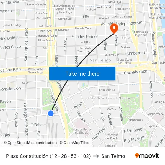 Plaza Constitución (12 - 28 - 53 - 102) to San Telmo map