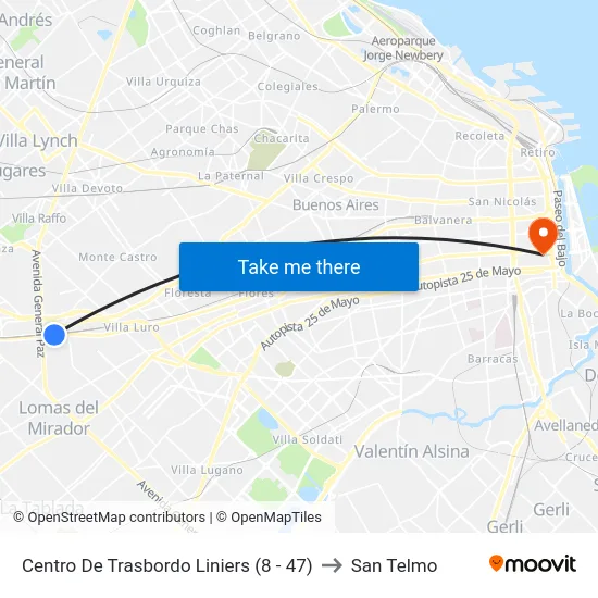 Centro De Trasbordo Liniers (8 - 47) to San Telmo map
