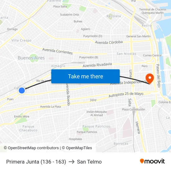 Primera Junta (136 - 163) to San Telmo map