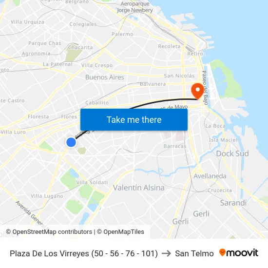 Plaza De Los Virreyes (50 - 56 - 76 - 101) to San Telmo map