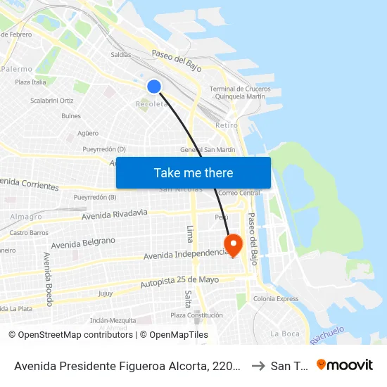 Avenida Presidente Figueroa Alcorta, 2200 (Fac. De Derecho) to San Telmo map
