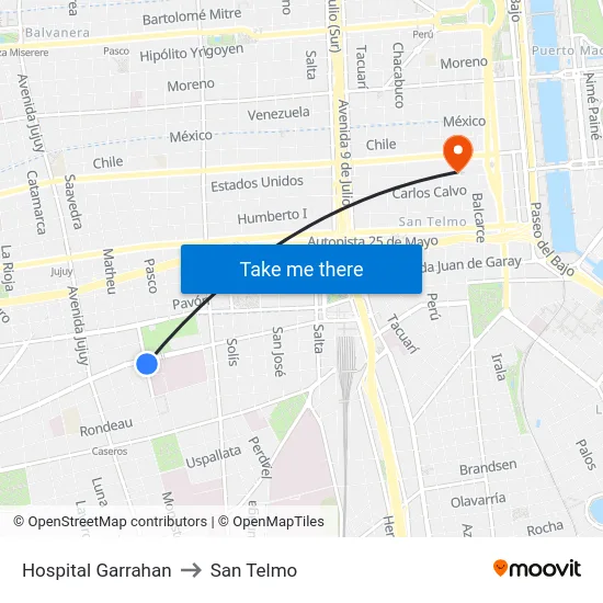 Hospital Garrahan to San Telmo map
