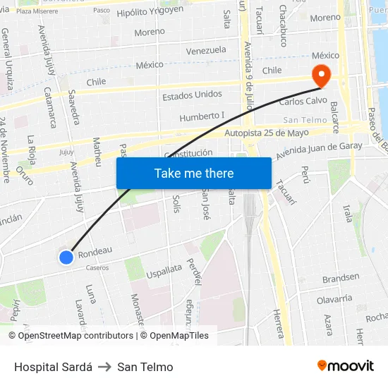 Hospital Sardá to San Telmo map