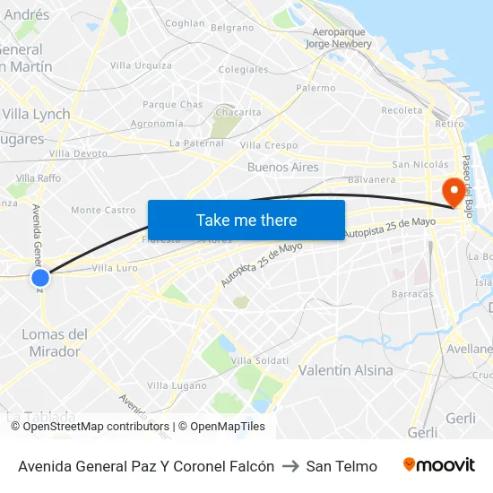 Avenida General Paz Y Coronel Falcón to San Telmo map