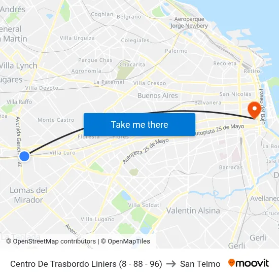 Centro De Trasbordo Liniers (8 - 88 - 96) to San Telmo map