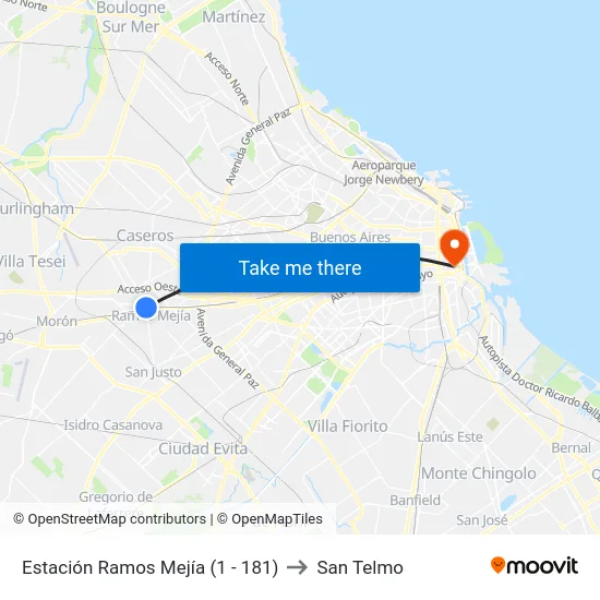 Estación Ramos Mejía (1 - 181) to San Telmo map