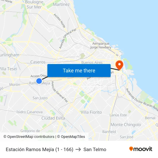 Estación Ramos Mejía (1 - 166) to San Telmo map