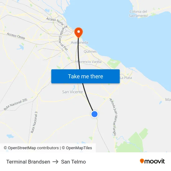 Terminal Brandsen to San Telmo map