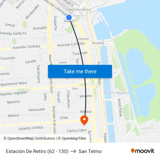 Estación De Retiro (62 - 130) to San Telmo map