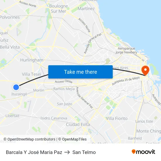 Barcala Y José María Paz to San Telmo map