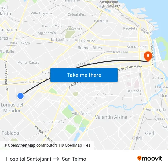 Hospital Santojanni to San Telmo map
