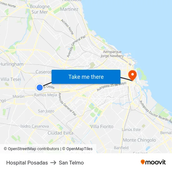 Hospital Posadas to San Telmo map