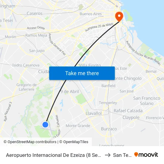 Aeropuerto Internacional De Ezeiza (8 Semirápido - 51) to San Telmo map