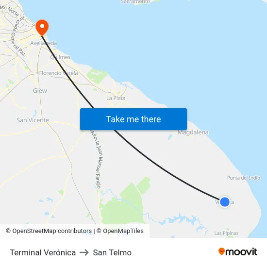 Terminal Verónica to San Telmo map