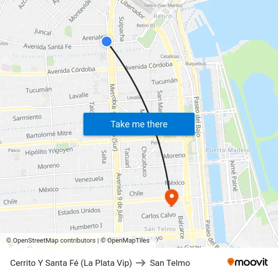 Cerrito Y Santa Fé (La Plata Vip) to San Telmo map