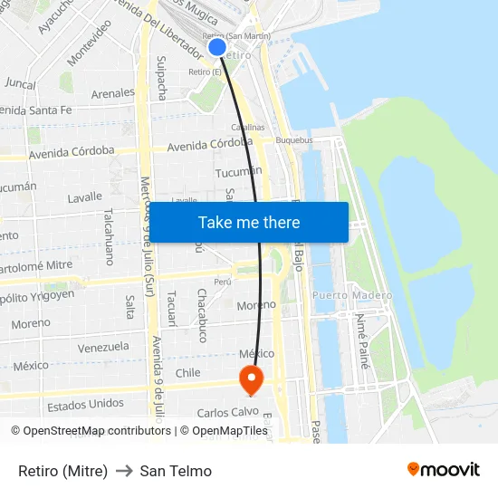 Retiro (Mitre) to San Telmo map