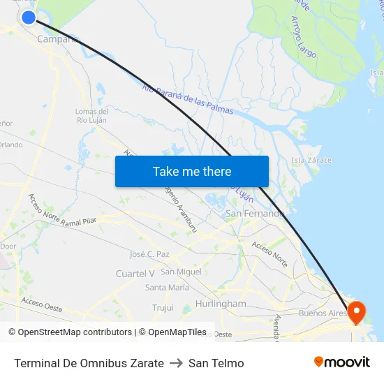 Terminal De Omnibus Zarate to San Telmo map