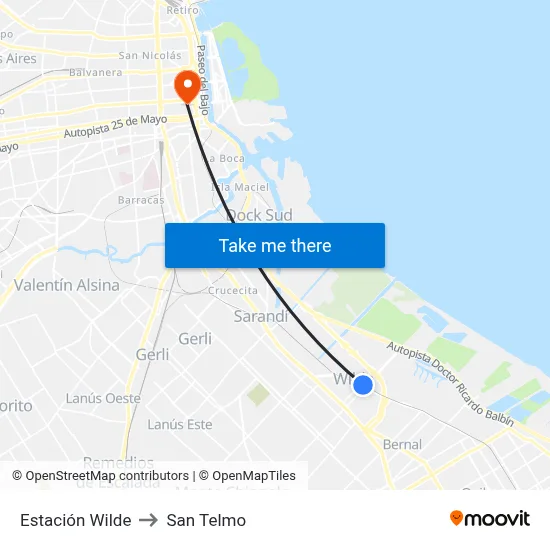 Estación Wilde to San Telmo map