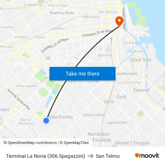 Terminal La Noria (306 Spegazzini) to San Telmo map