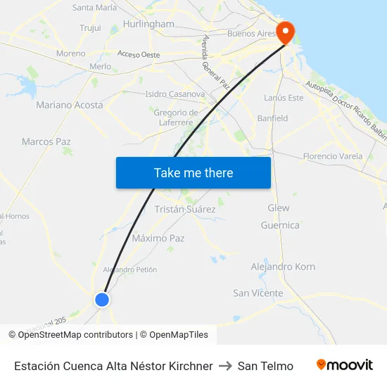 Estación Cuenca Alta Néstor Kirchner to San Telmo map