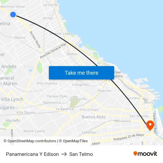 Panamericana Y Edison to San Telmo map