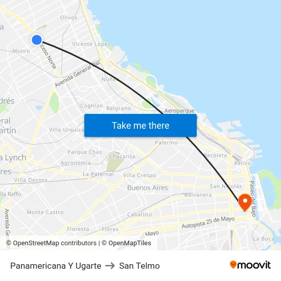 Panamericana Y Ugarte to San Telmo map