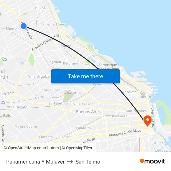Panamericana Y Malaver to San Telmo map