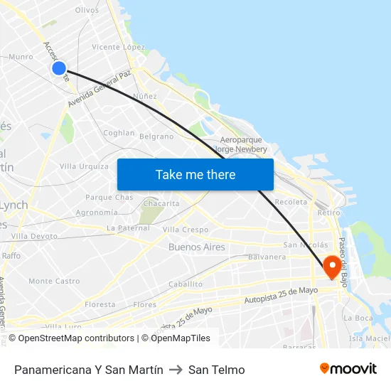 Panamericana Y San Martín to San Telmo map