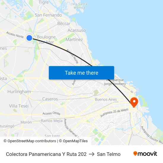 Colectora Panamericana Y Ruta 202 to San Telmo map