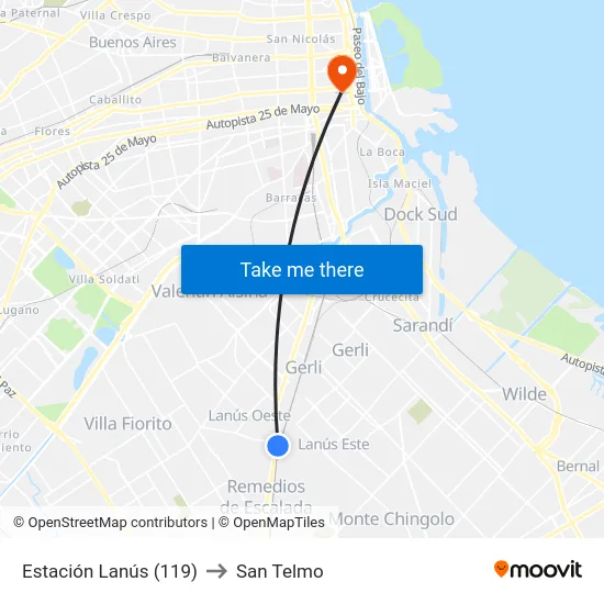 Estación Lanús (119) to San Telmo map