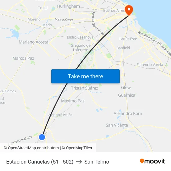 Estación Cañuelas (51 - 502) to San Telmo map