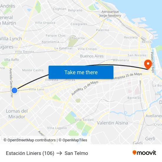 Estación Liniers (106) to San Telmo map