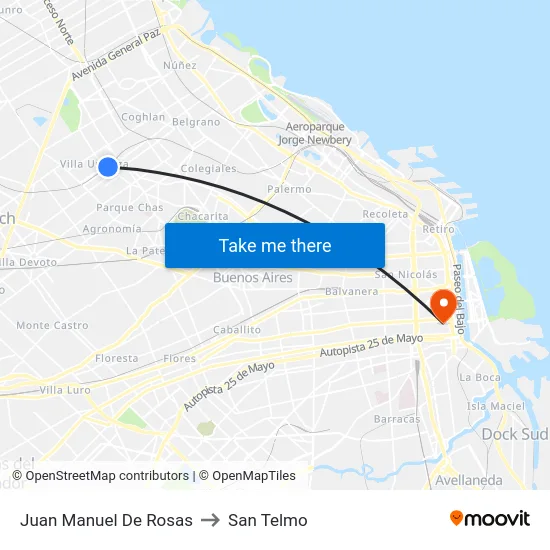 Juan Manuel De Rosas to San Telmo map