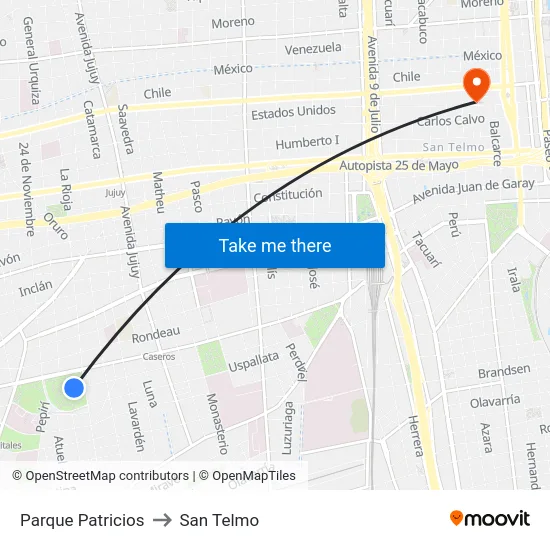 Parque Patricios to San Telmo map