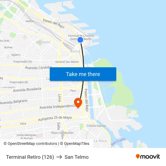 Terminal Retiro (126) to San Telmo map