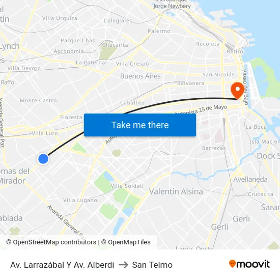 Av. Larrazábal Y Av. Alberdi to San Telmo map