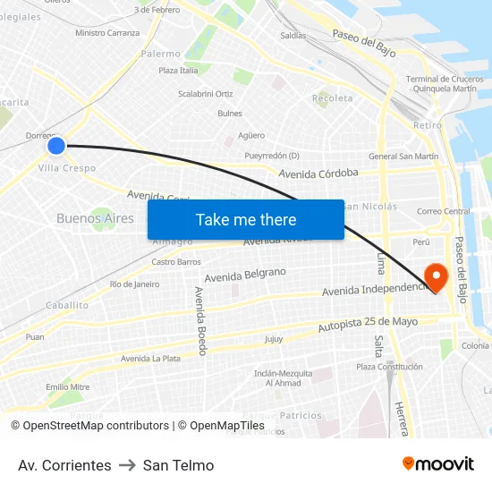 Av. Corrientes to San Telmo map